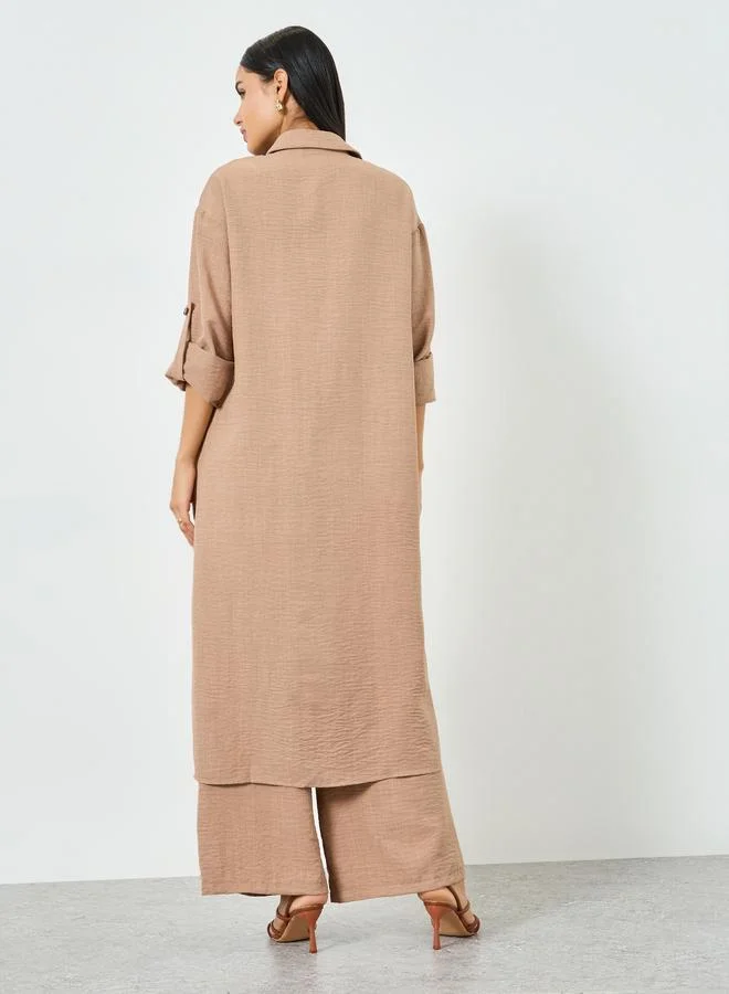 Styli  Beige Buttoned Shirt Kimono and Pant Co-ords for Women | Best Price UAE